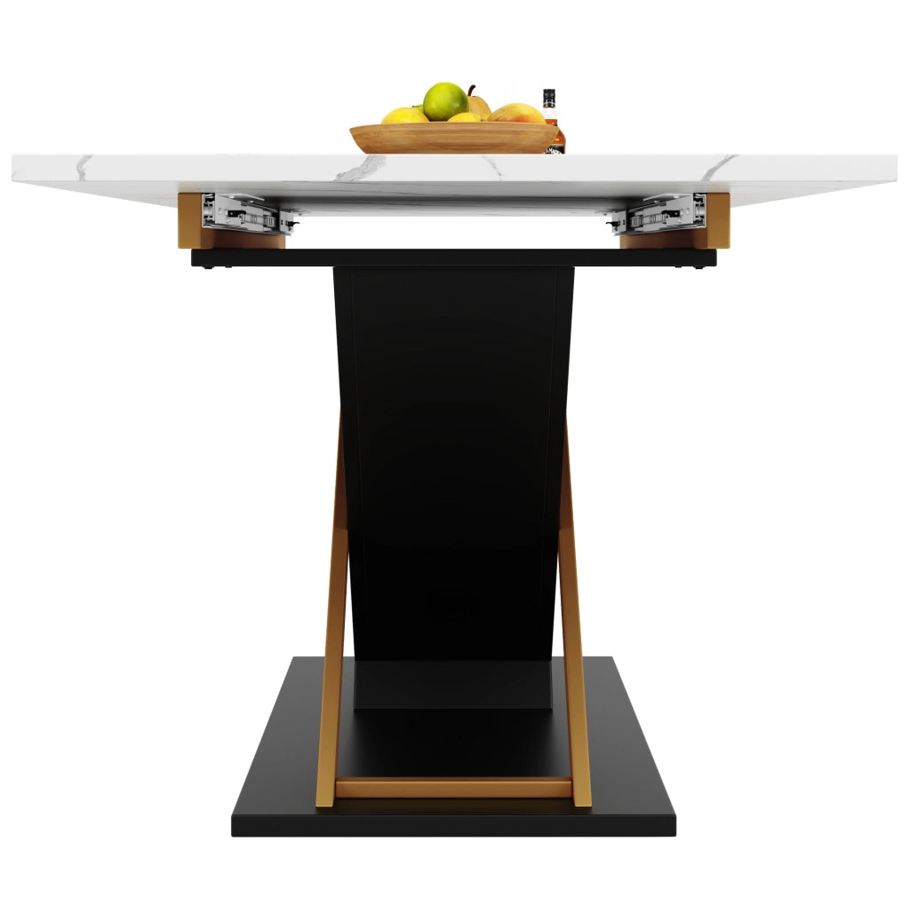 Tavolo da pranzo 120-160x80x75.4 cm allungabile; MDF effetto marmo nero con gambe incrociate