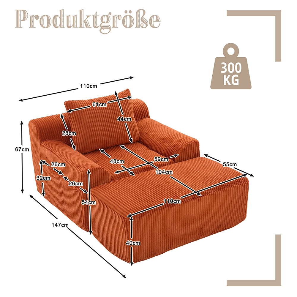 Poltrona oversize - Xylo - Velluto costato con tasche laterali, pouf e nessun assemblaggio