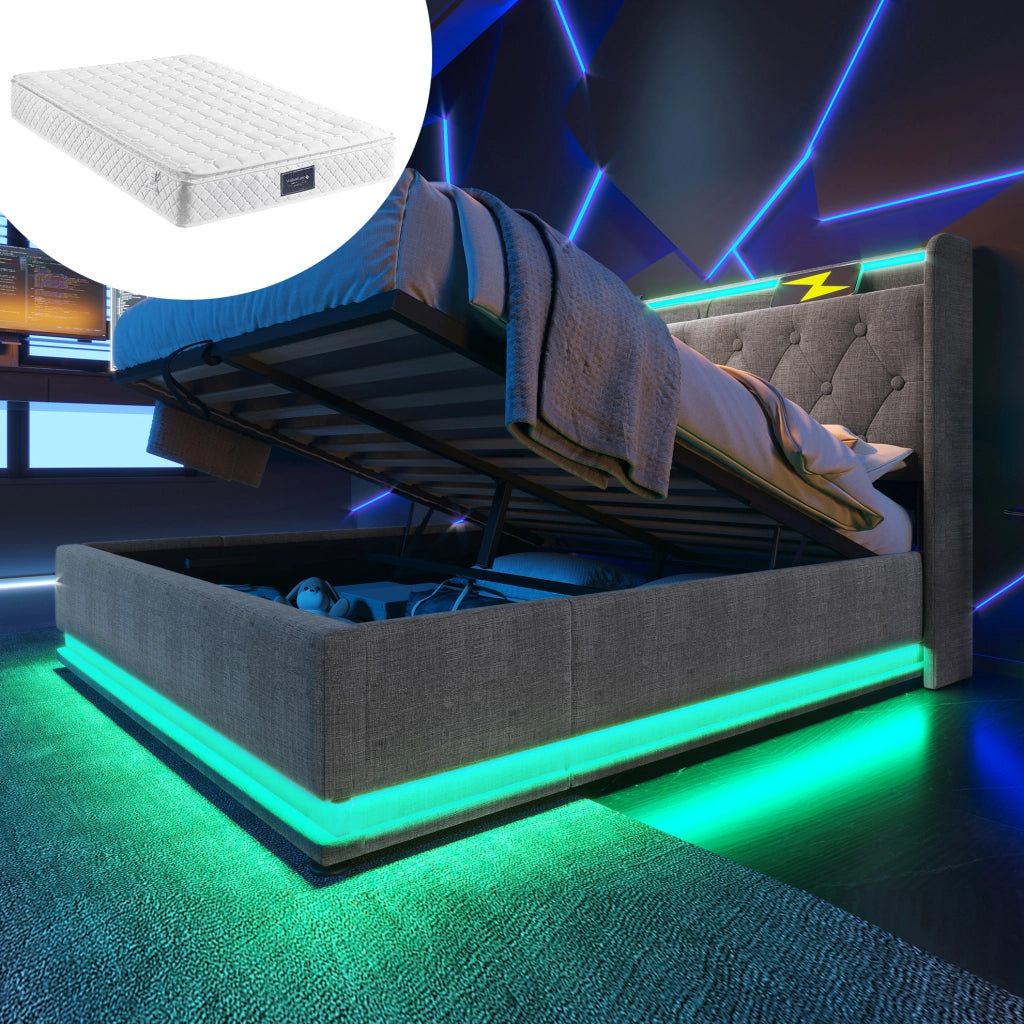 Letto matrimoniale 140x200 cm grigio con LED, USB-C e materasso
