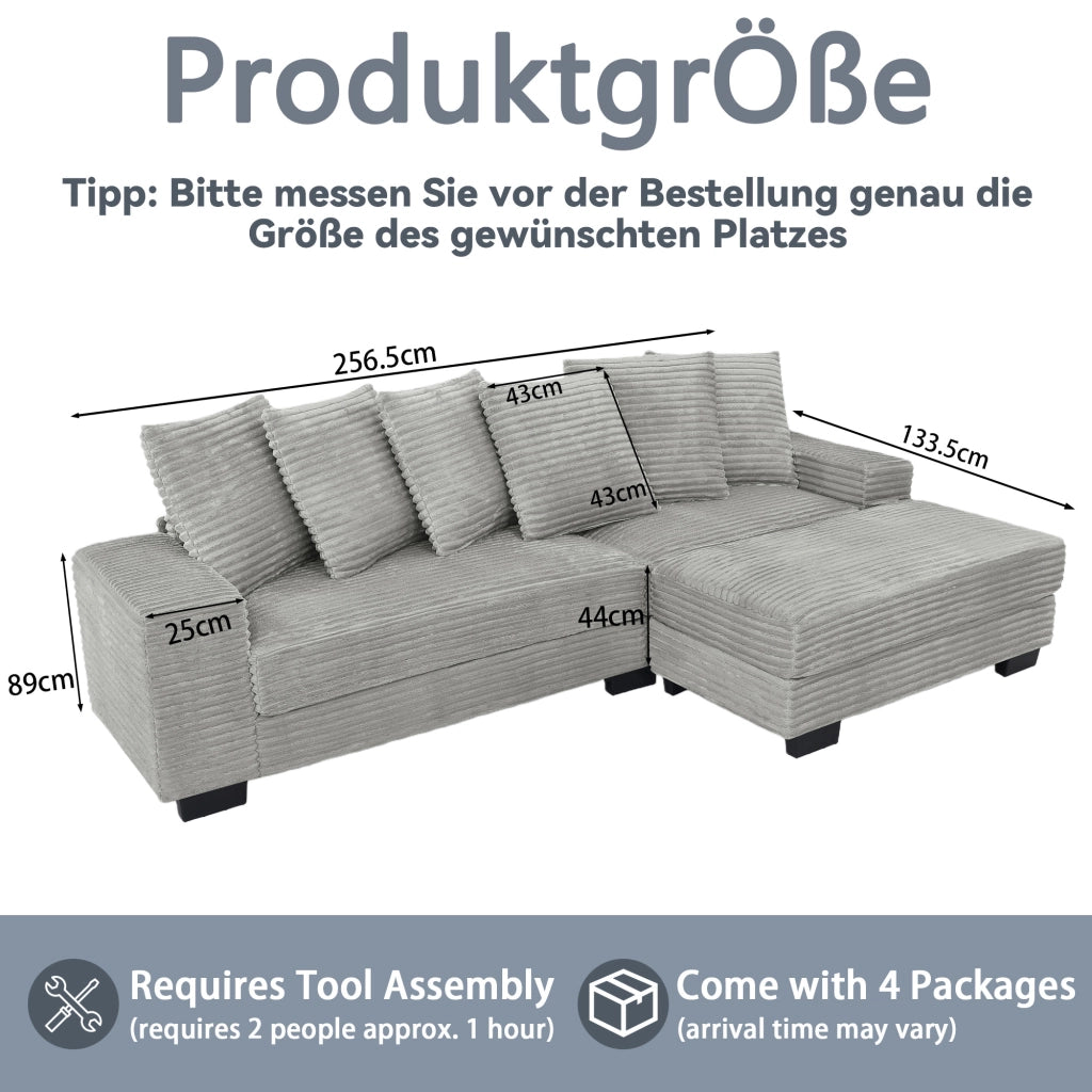 Divano angolare reversibile 4 posti con chaise longue e 6 cuscini in velluto a coste grigio 256,5 × 133,5 × 89 cm