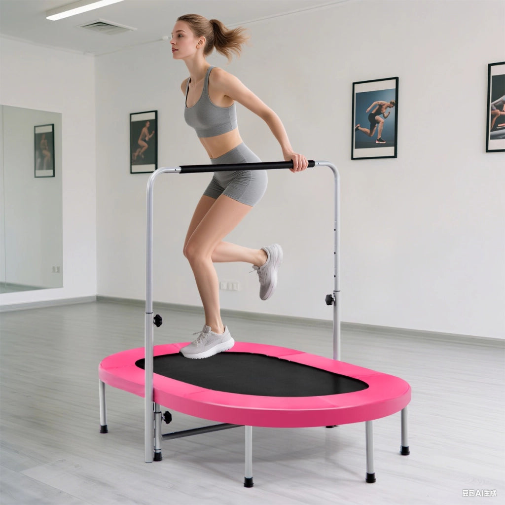 Trampolino doppio per 2 persone con maniglia e cuscinetto, Trampolino ovale pieghevole per bambini e adulti Rosa-Trampolini