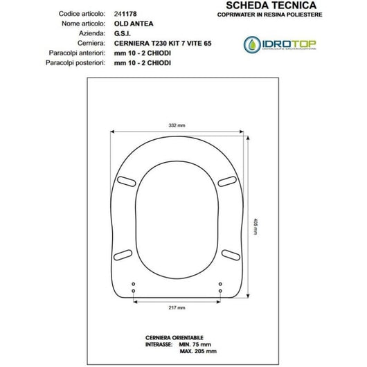 Copriwater in legno rivestito di poliestere per g.s.i old antea