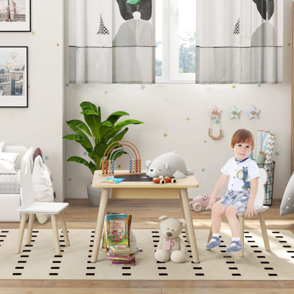 Set Tavolino Multifunzione e 2 Sedie per Bambini Orsetto Colore Legno