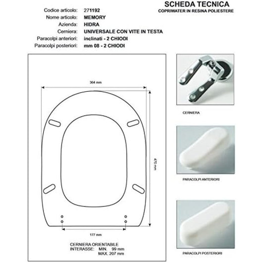 Copriwater hidra memory bianco cerniera cromo-sedile-asse wc