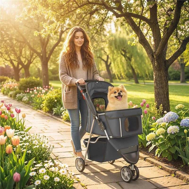 PASSEGGINO PER CANI PIEGHEVOLE CON PORTABICCHIERI E CESTINO, 77X44X102 CM, GRIGIO CARBONE