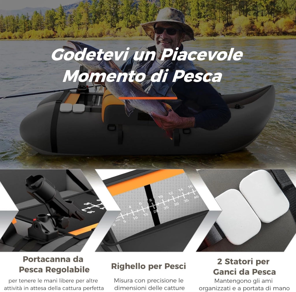 Belly Boat da Pesca Portatile, Gommone Gonfiabile da Pesca con Porta Canne Regolabile, Pompa, Pagaia in Alluminio, Spallacci e Kit di Riparazione, Barca da Mare con 2 Pinne, capacità 160kg