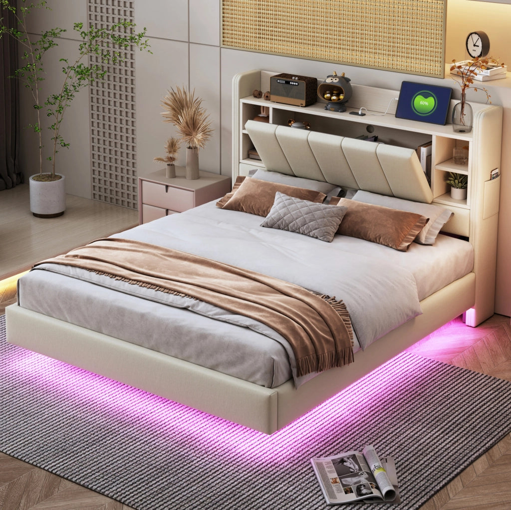 Letto imbottito 140x200 cm con LED; porta USB e ripiani in lino beige
