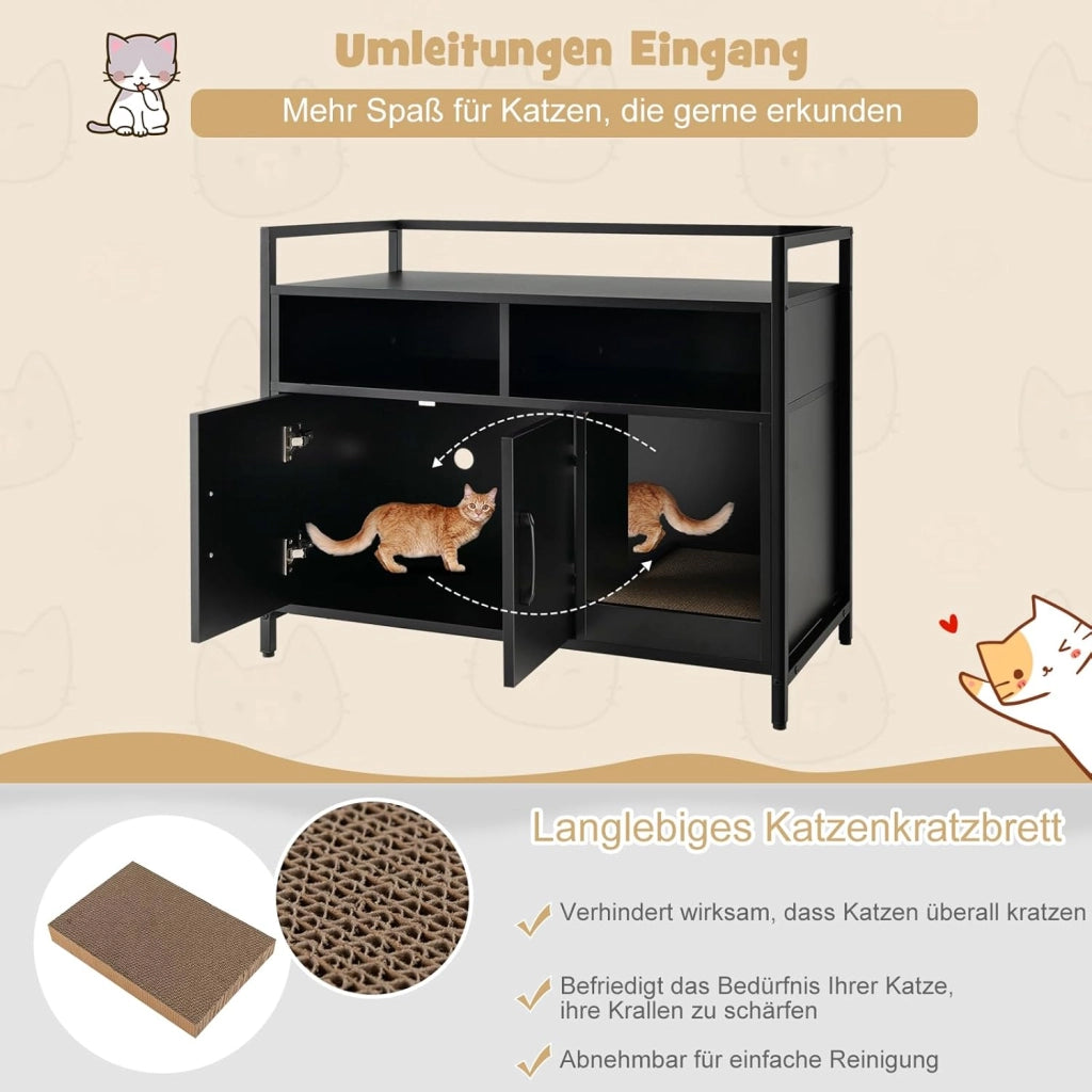 Mobile Lettiera per Gatti con 3 Ripiani Aperti e 2 Ante, Armadietto per Gatto in Legno, Grotta Rifugio con Grattatoio in Cartone Multiuso per Ingresso e Soggiorno (Nero, 89 x 45 x 74,5 cm)
