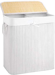 Asciugamano di bambù, asciugamano con 2 compartimenti, separatore di acqua con coperchio e sacchetto di asciugatura rimovibile, maniglie di cotone, contenitore da 100 L, bianco