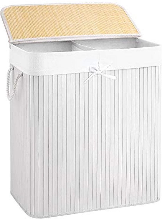 Asciugamano di bambù, asciugamano con 2 compartimenti, separatore di acqua con coperchio e sacchetto di asciugatura rimovibile, maniglie di cotone, contenitore da 100 L, bianco