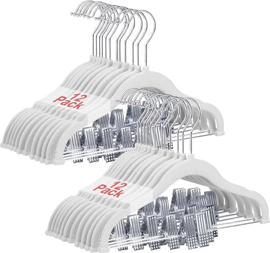 Hangers per bambino con clip 30 cm - 24 pezzi bianchi, hangers antiscivolo in flanella per bambini con gancio rotativo 360°