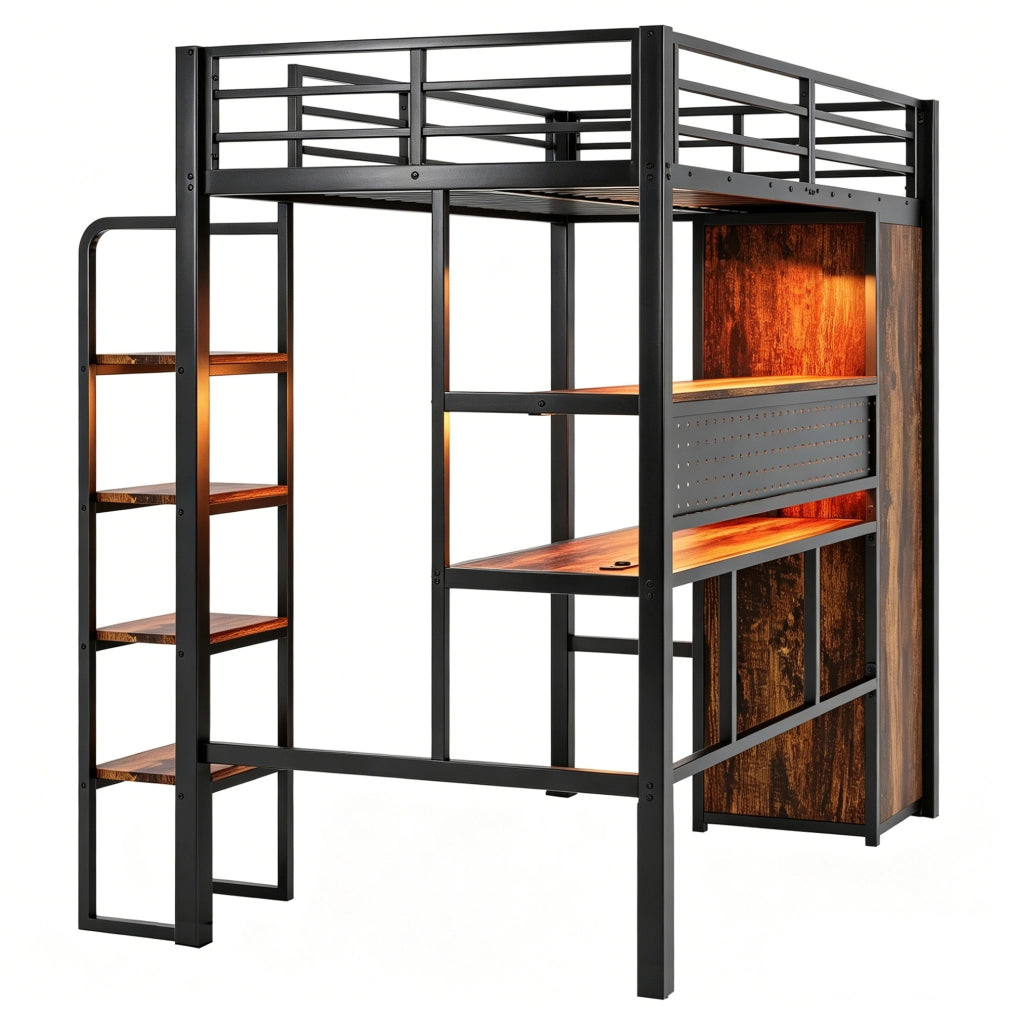 Letto a soppalco multifunzione 90x200 cm in metallo e MDF; nero; con scrivania; armadio e LED