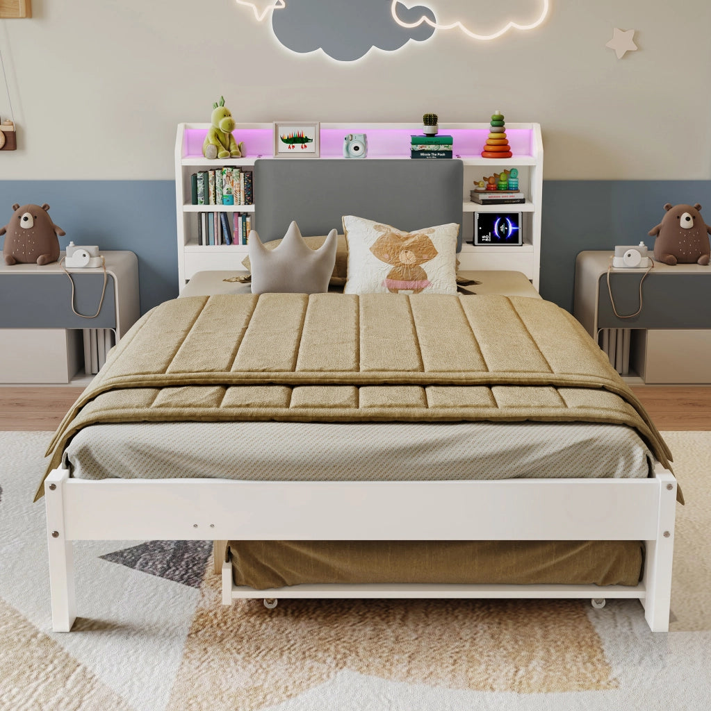Letto 120x200 cm con letto estraibile; testiera imbottita; LED in legno bianco