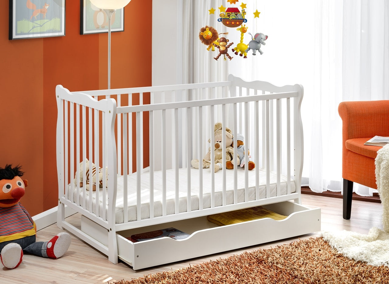 Letto culla bambini neonati con cassettone 124x82x71 Cm in legno di pino Ala colore Bianco