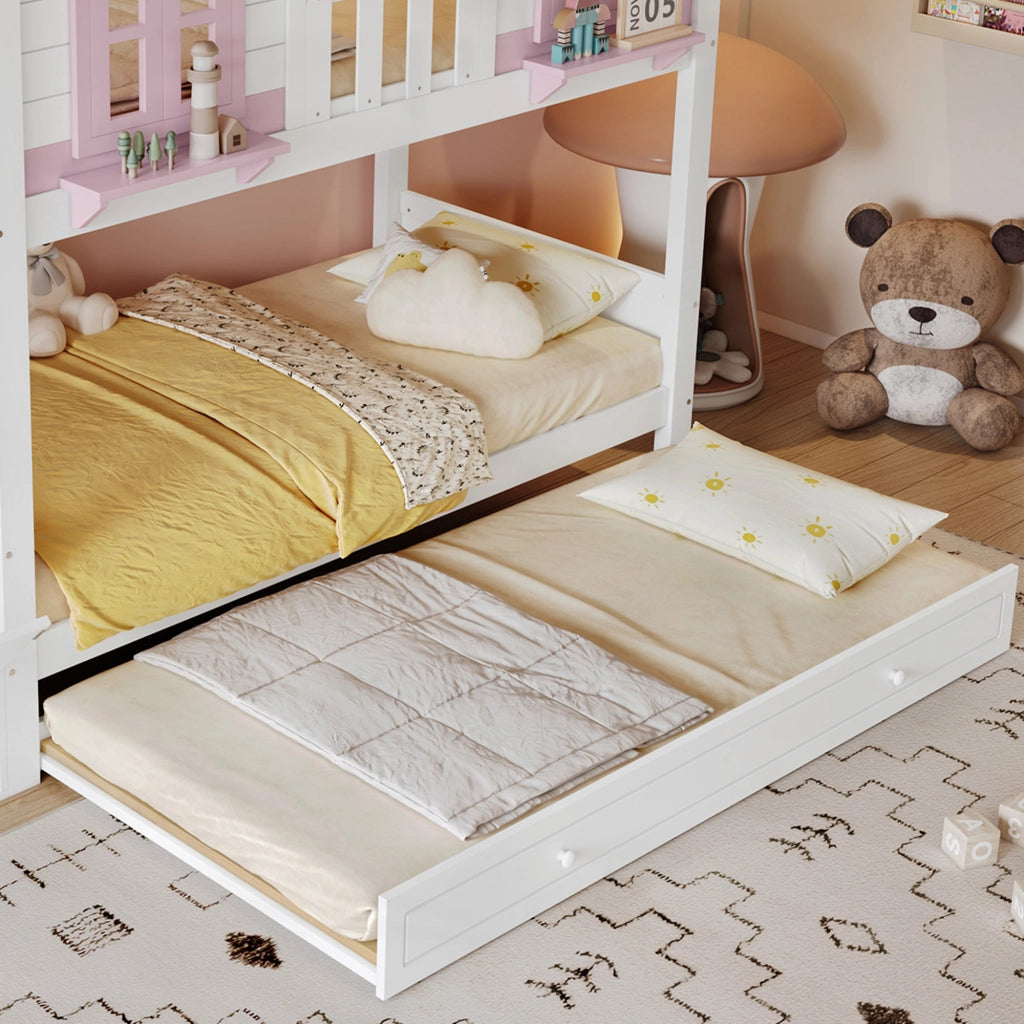 Letto a castello per bambini 90 × 200 cm con letto estraibile, scale contenitore e appendiabiti, senza materasso