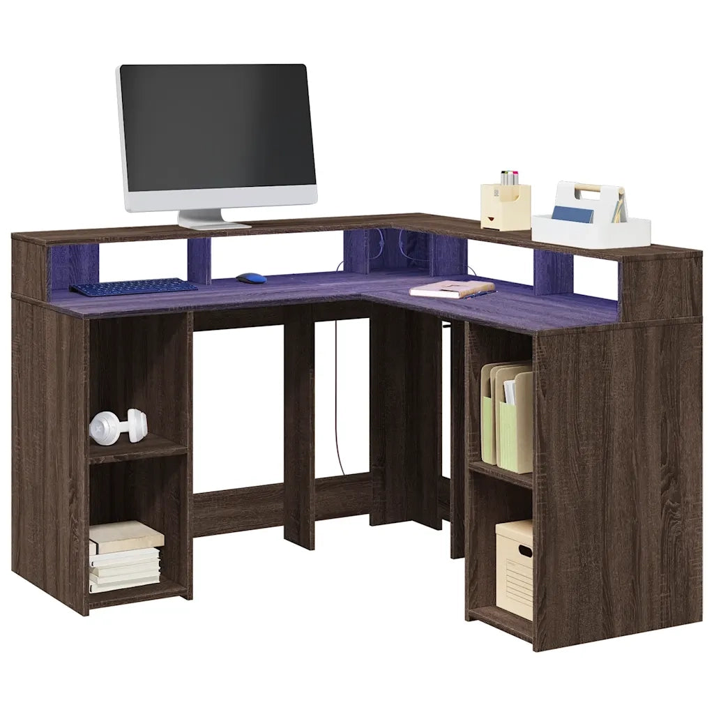 Scrivania con Luci LED Marrone Rovere 130x130x91 cm Truciolato 3309453