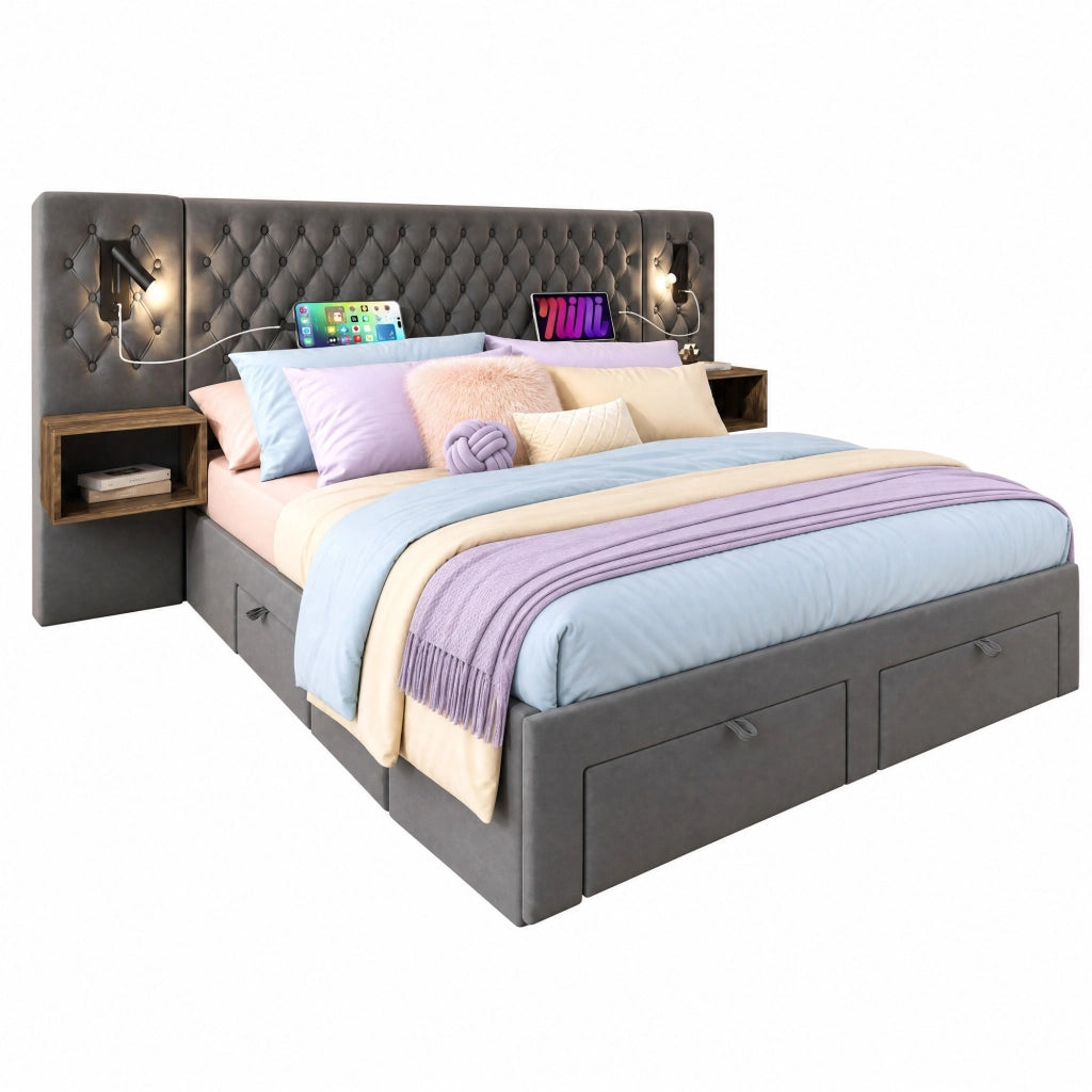 Letto matrimoniale 160x200 cm in velluto grigio con 2 comodini, 4 cassetti, luci lettura e USB/Type-C