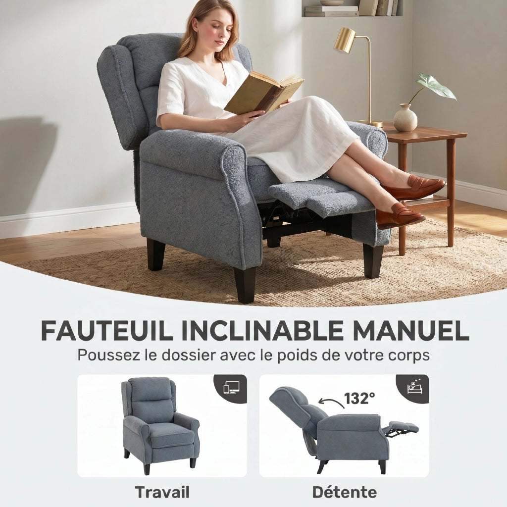 Fauteuil Inclinable en Polaire Teddy Repose-Pieds Extensible Gris