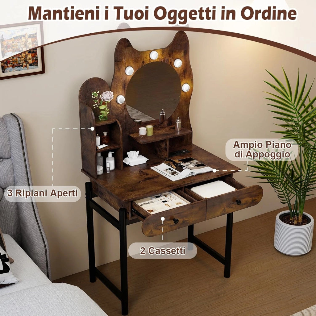 Toeletta da Trucco con Luci, Tavolo Trucco a Forma di Gattino, Illuminazione Regolabile a 3 Modalità, Scaffali Aperti e 2 Cassetti, Stazione di Ricarica Integrata (Marrone)