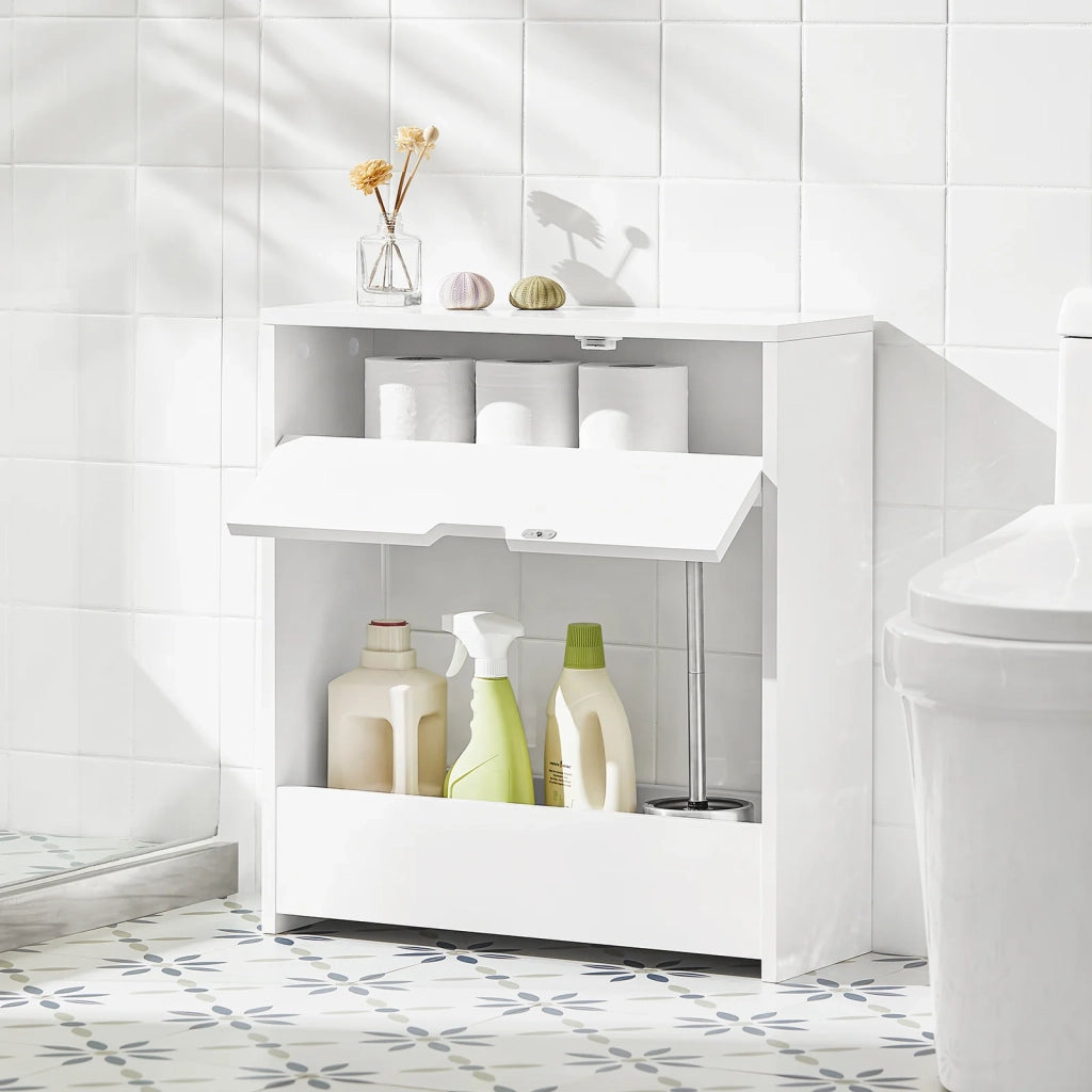 Mobiletto da bagno Portaoggetti Bagno Portarotolo e Portascopino Mobiletto salvaspazio con 1 ripiano aperto e 1 cassettiera, 55x20x60cm BZR48-W