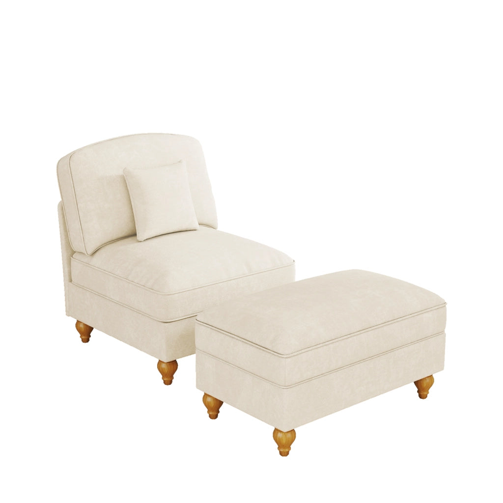 Poltrona Lounge con Pouf ¨C MINIMAL ¨C Tessuto Chenille Bianco, Gambe in Legno, Soggiorno