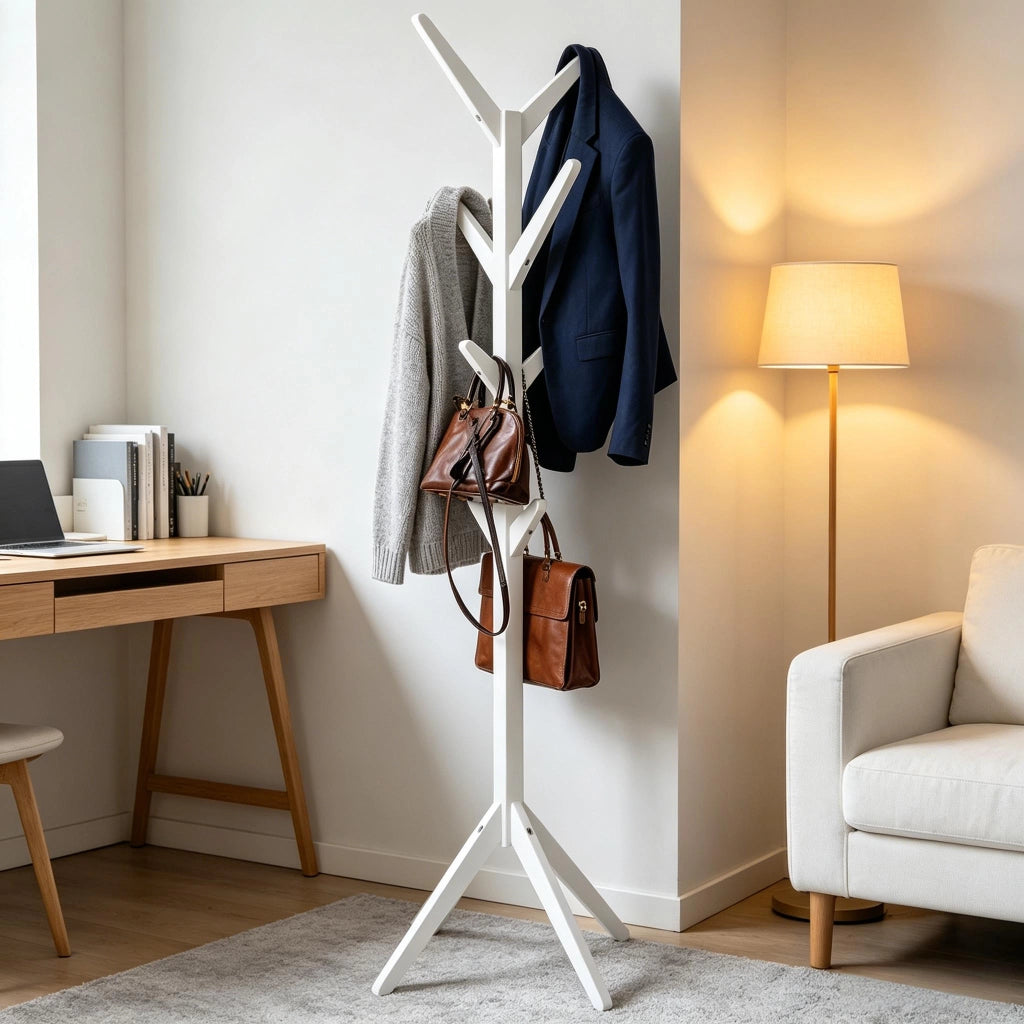 Appendiabiti in legno massiccio bianco con 8 ganci, design moderno, 180 cm