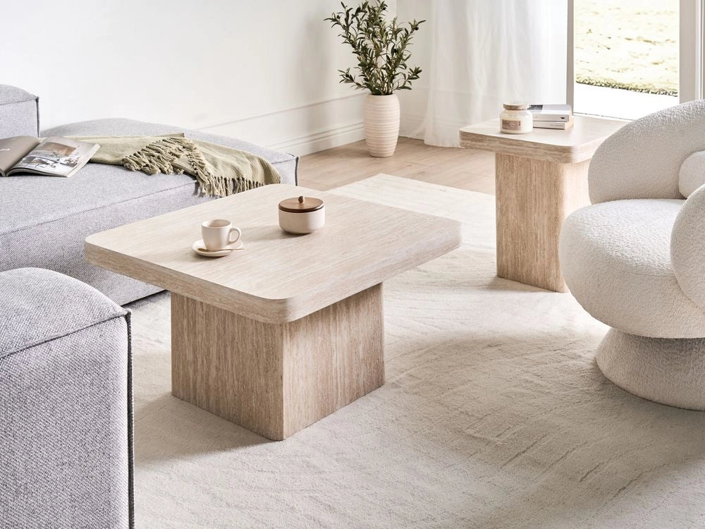 Tavolino da caffè Beige Piano in MDF Impiallacciato Base in pietra 80 x 80 cm Design moderno Soggiorno