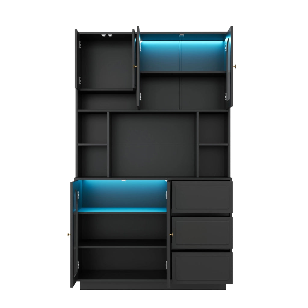 Credenza alta con 4 ante; 3 cassetti; vani aperti e ripiani regolabili con LED; in MDF; nero; 106×30×175 cm