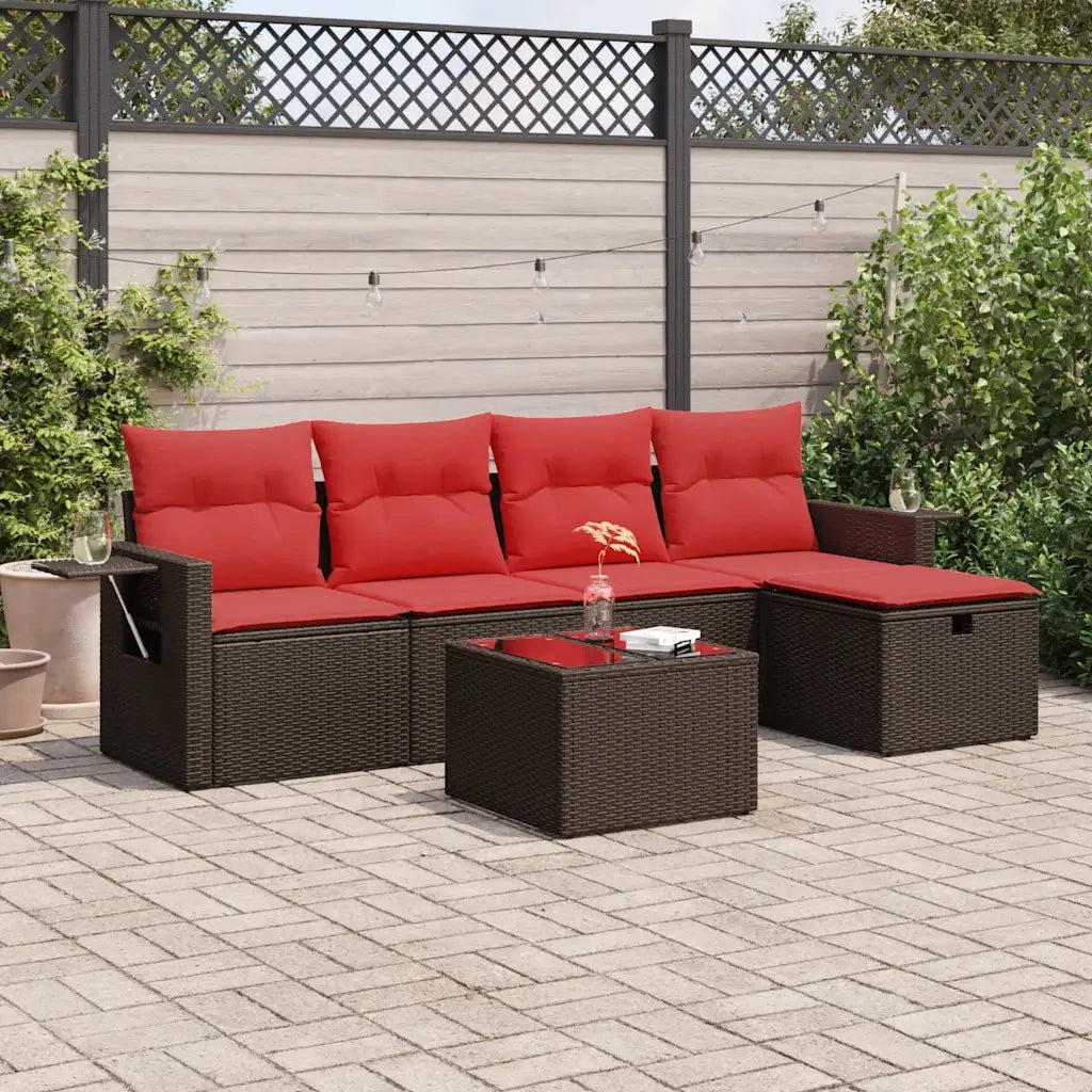 Set Divano da Giardino 6 pz con Cuscini Marrone in Polyrattan