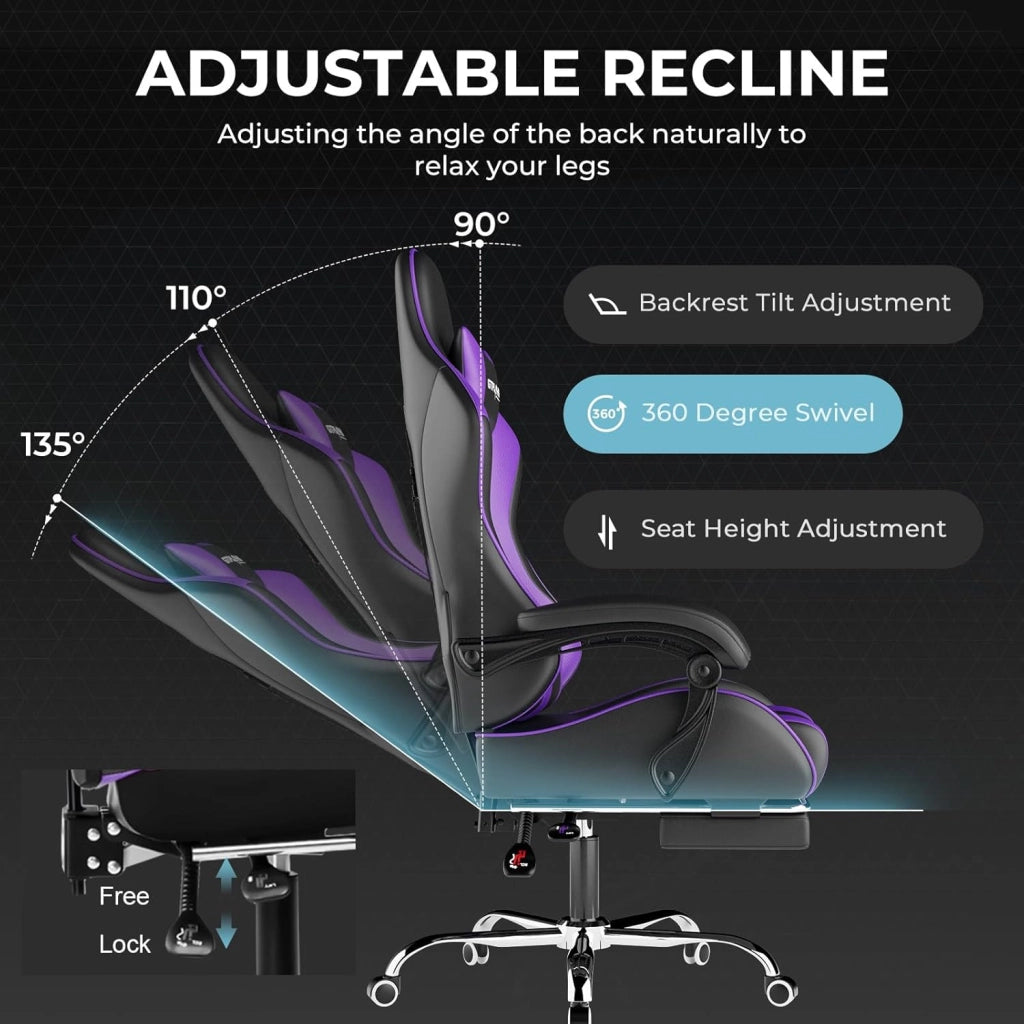 Sedia da Gaming, Ergonomico Sedia da Ufficio, con Massaggiante poggiapiedi e supporto lombare, Schienale Regolabile 90-135°, Portata 150 kg, sedia per computer, Viola