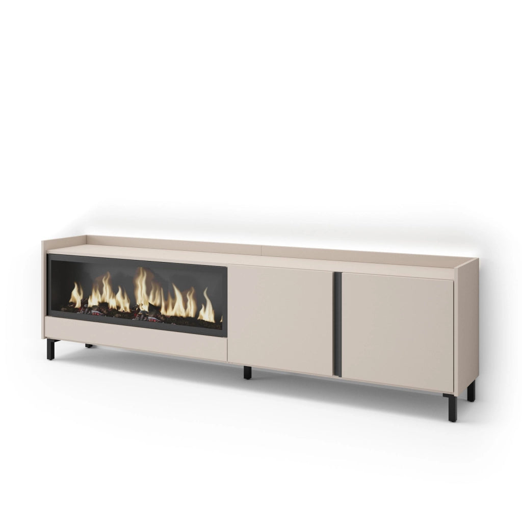 Mobile TV Soggiorno, 212x61x35 cm, Per TV fino a 80", Camino elettrico XXL, Design industriale, LED, Beige
