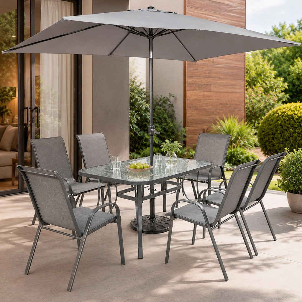 Salotto Da Esterno Con Tavolo In Vetro Temperato 6 Posti A Sedere E Ombrellone Rettangolare Ideale Per Patio Cortile Dehors E Cene All Aperto Arredo Moderno 150 x 90 x 71 Cm Grigio