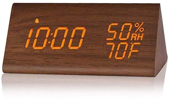 Alarme Digitale con Display e Temperatura - 3 Livelli di Brillantezza - Attivabile con Tocco o Suono - in Legno