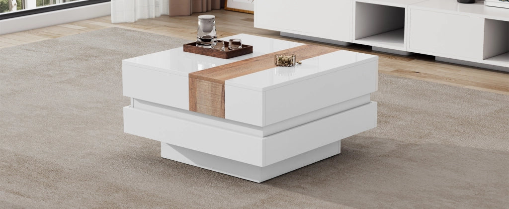 TAVOLINO da caffè quadrato 70x70x39 cm bianco lucido con piano estraibile
