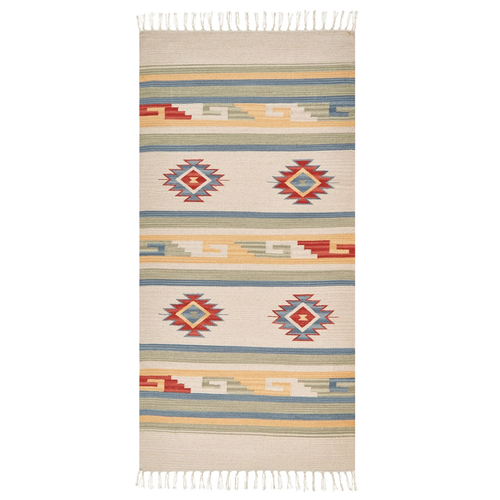 Tappeto Kilim Beige e Marrone Cotone 80 x 150 cm Tagliato a Navetta Tessuto a mano Pavimento Parete Tappeto Simboli geometrici Motivo reversibile Frange