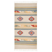 Tappeto Kilim Beige e Marrone Cotone 80 x 150 cm Tagliato a Navetta Tessuto a mano Pavimento Parete Tappeto Simboli geometrici Motivo reversibile Frange