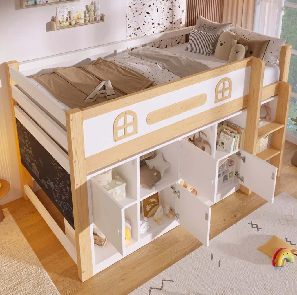 Letto semi-alto 90x200 cm con lavagna, vani portaoggetti e scala