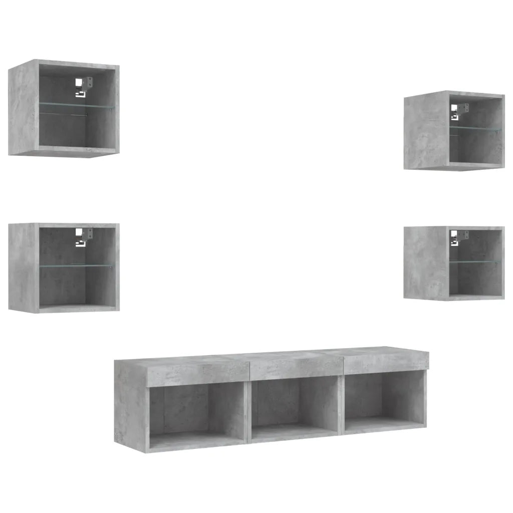 Mobili TV a Muro con LED 7pz | Armadietto TV | Mobile Porta TV Grigio Cemento Legno Multistrato