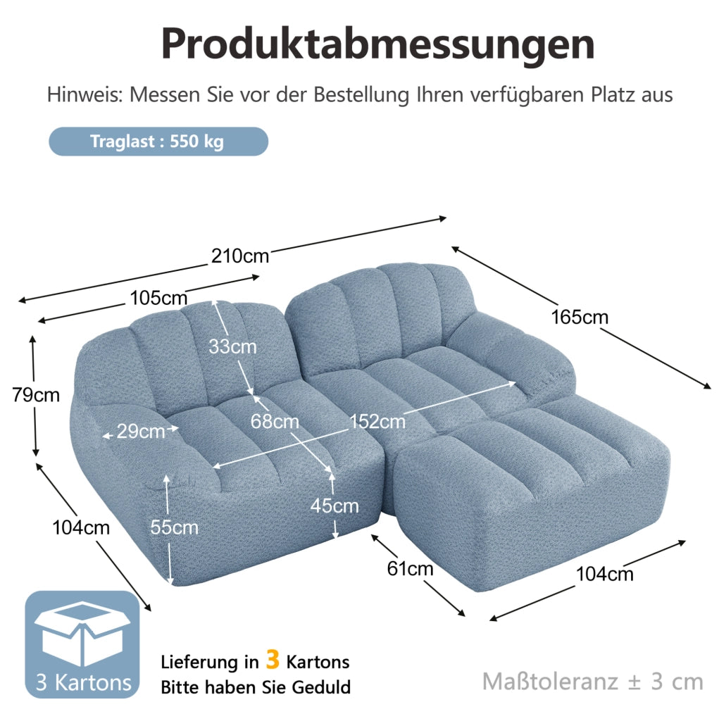 Divano modulare angolare 2 posti con pouf; senza struttura; in fleece granulato blu