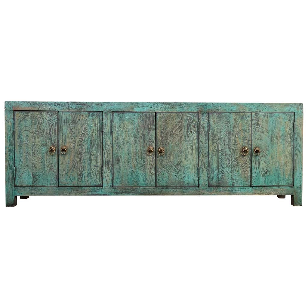 Credenza a 6 ante in legno con finitura verde anticato, cm 200x40x70h