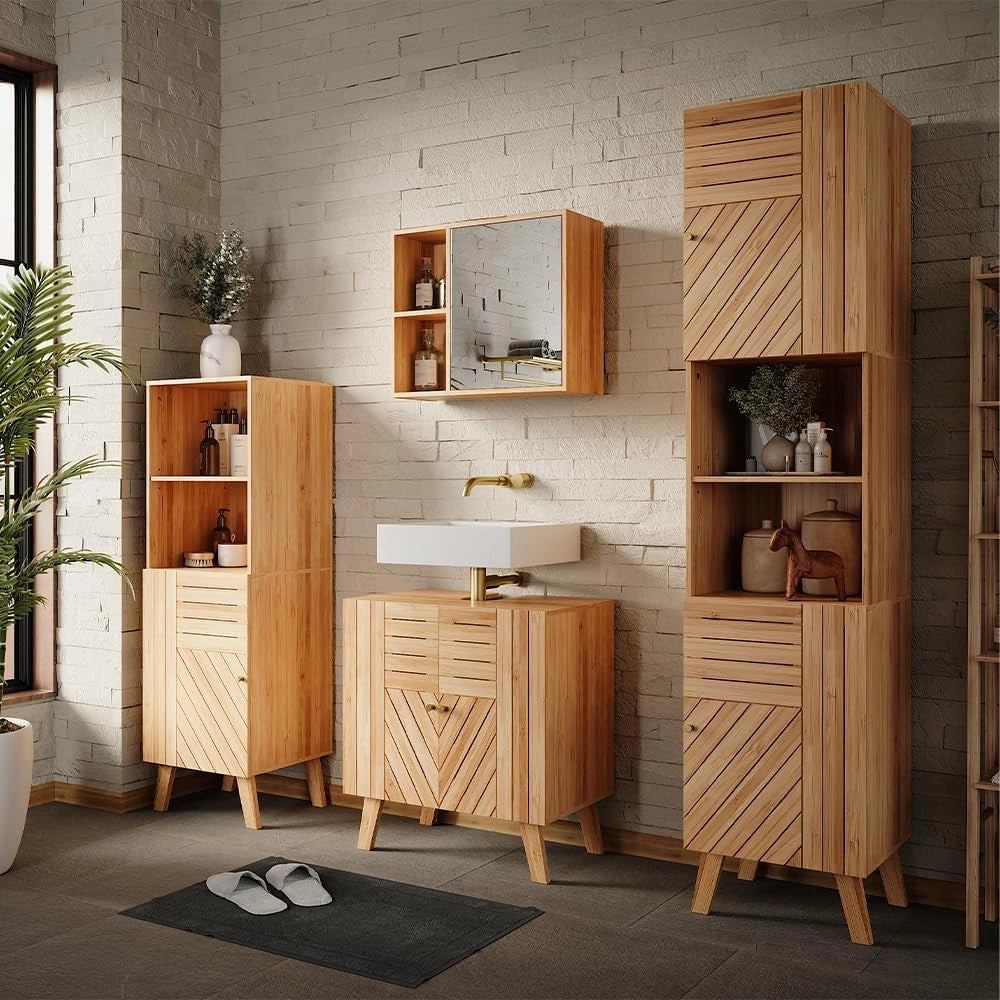 Mobile a specchio per il bagno Lucie, Bambù, 54 x 44.5 cm con specchio, adatto per la conservazione salvaspazio di accessori da bagno