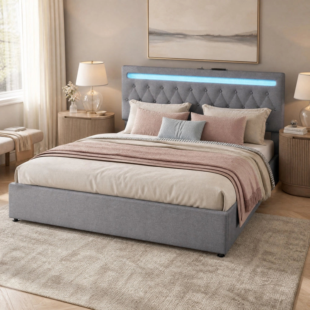 Letto matrimoniale imbottito 180x200 cm con LED, USB e vano contenitore