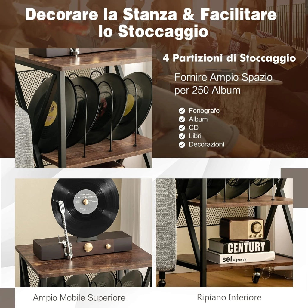 Supporto per Giradischi, Supporto per Giradischi in Vinile con Ruote Bloccabili, 3 Livelli, per Soggiorno, Camera da Letto, 52 x 45 x 75 cm