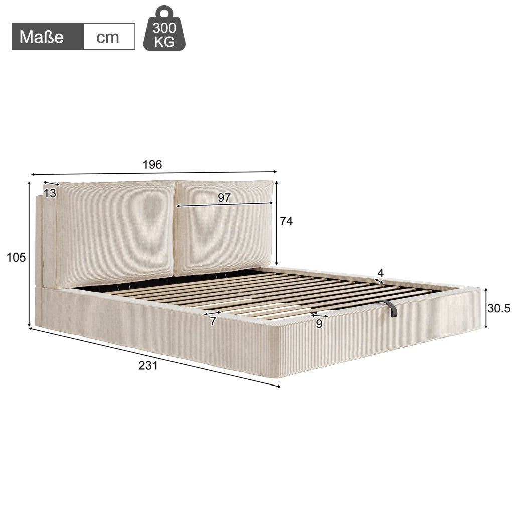 Letto matrimoniale 180x200 cm con contenitore idraulico in cord beige