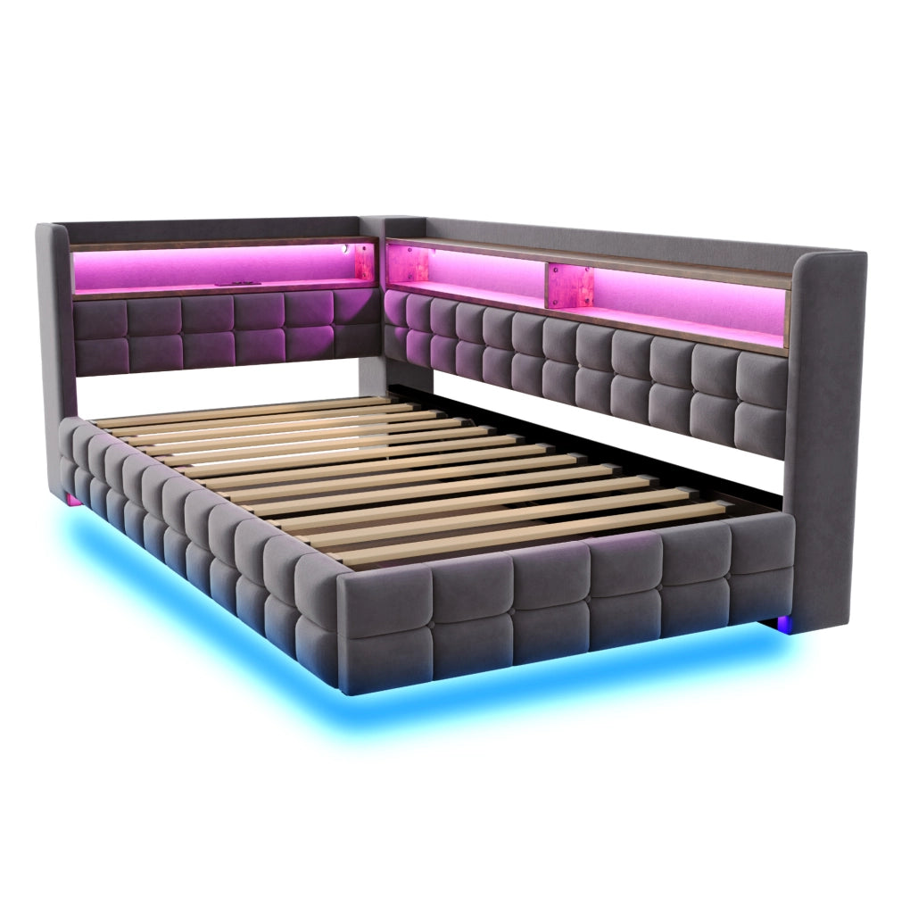 Letto imbottito multifunzione 90x200 cm con contenitore, LED e prese integrate