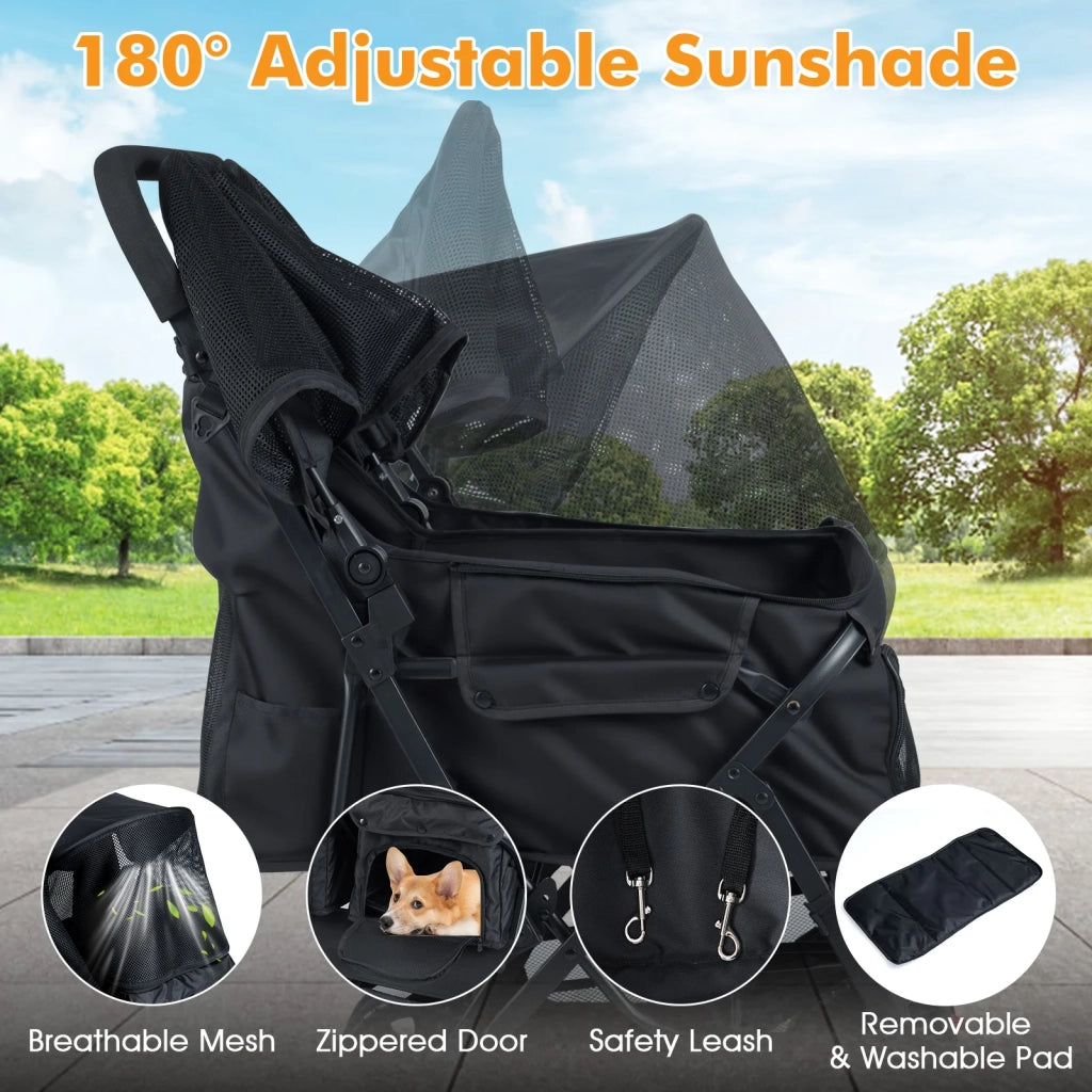 Foldable Double Pet Stroller with Adjustable Sunshade and Storage Basket-Black