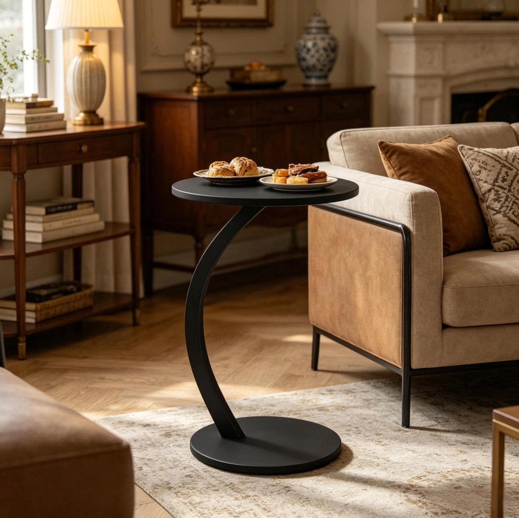 Tavolino laterale a C rotondo 40x64;5 cm in MDF e metallo nero