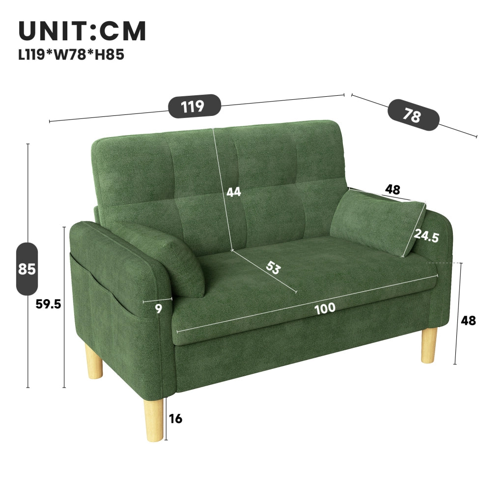 Divano 2 posti 119x78x85 cm verde in chenille con tasca laterale