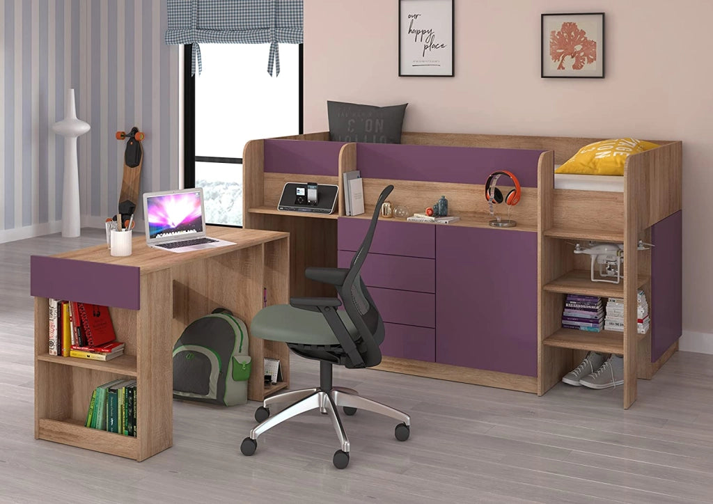 LETTO MOBILE CASSETTIERA CON SCRITTOIO SMILE P 204x 112x112cm LATO DESTRO ROVERE VIOLA