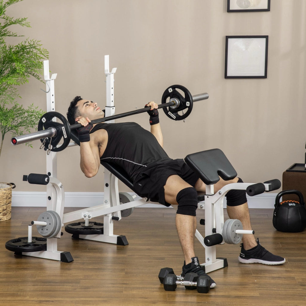 Panca pesi con pressa per gambe, supporto per bilanciere e braccioli per un allenamento efficace con i pesi, bianco e nero